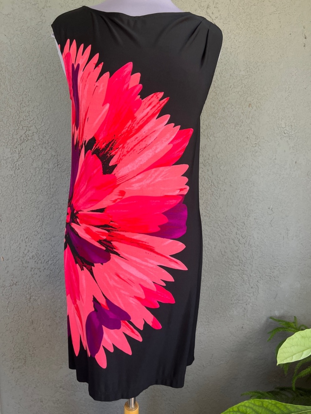 Maggy L Black Dress with Bold Pink Floral Print Size 8